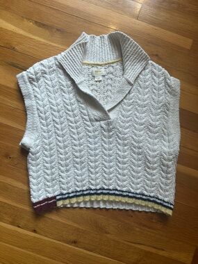 Anthropologie White Cable-Knit V-Neck Sweater Vest with Multicolor Stripe Hem